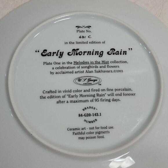 2 Bradex China Plates Ltd Ed. 'CARDINALS IN WINTER' & 'EARLY MORNING RAIN' - Picture 9 of 9